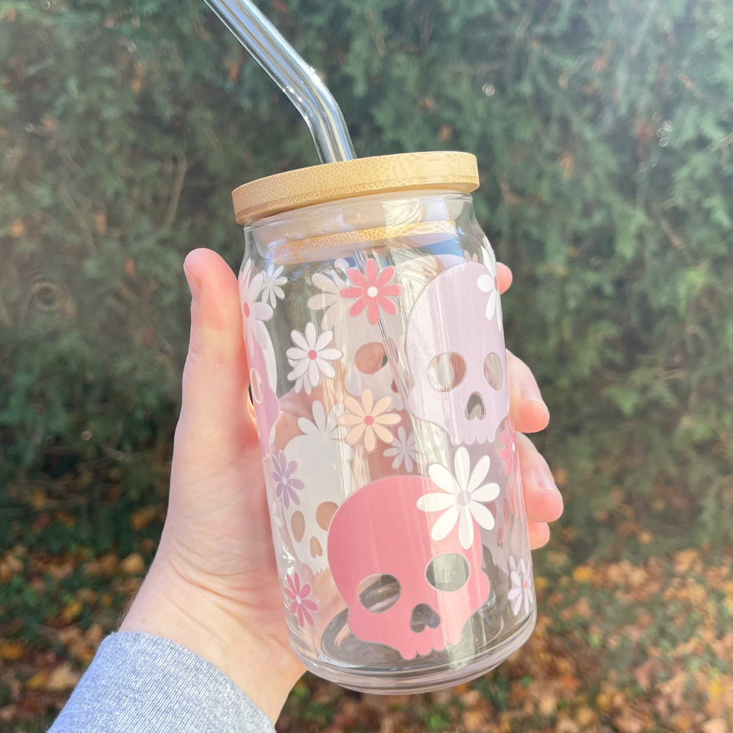 Floral Skull Glass Cup